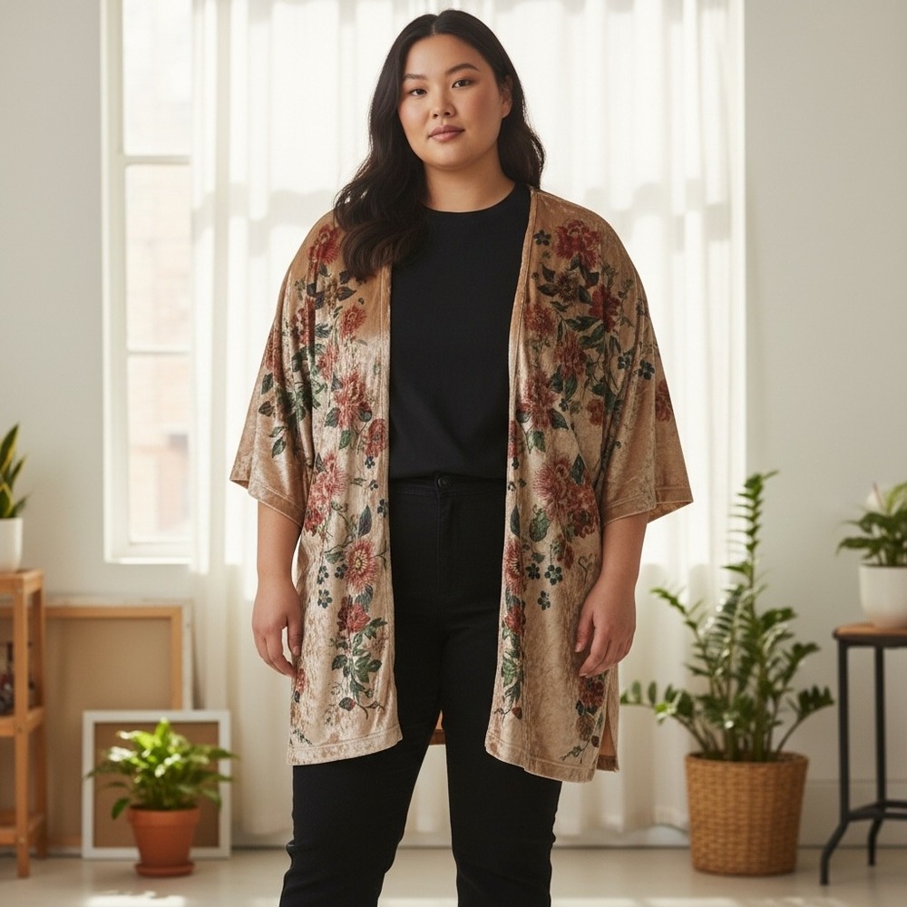 ACTING PRO Velvet Floral Kimono Jacket‎ 2X Beige Beige Made in the U.S.A.